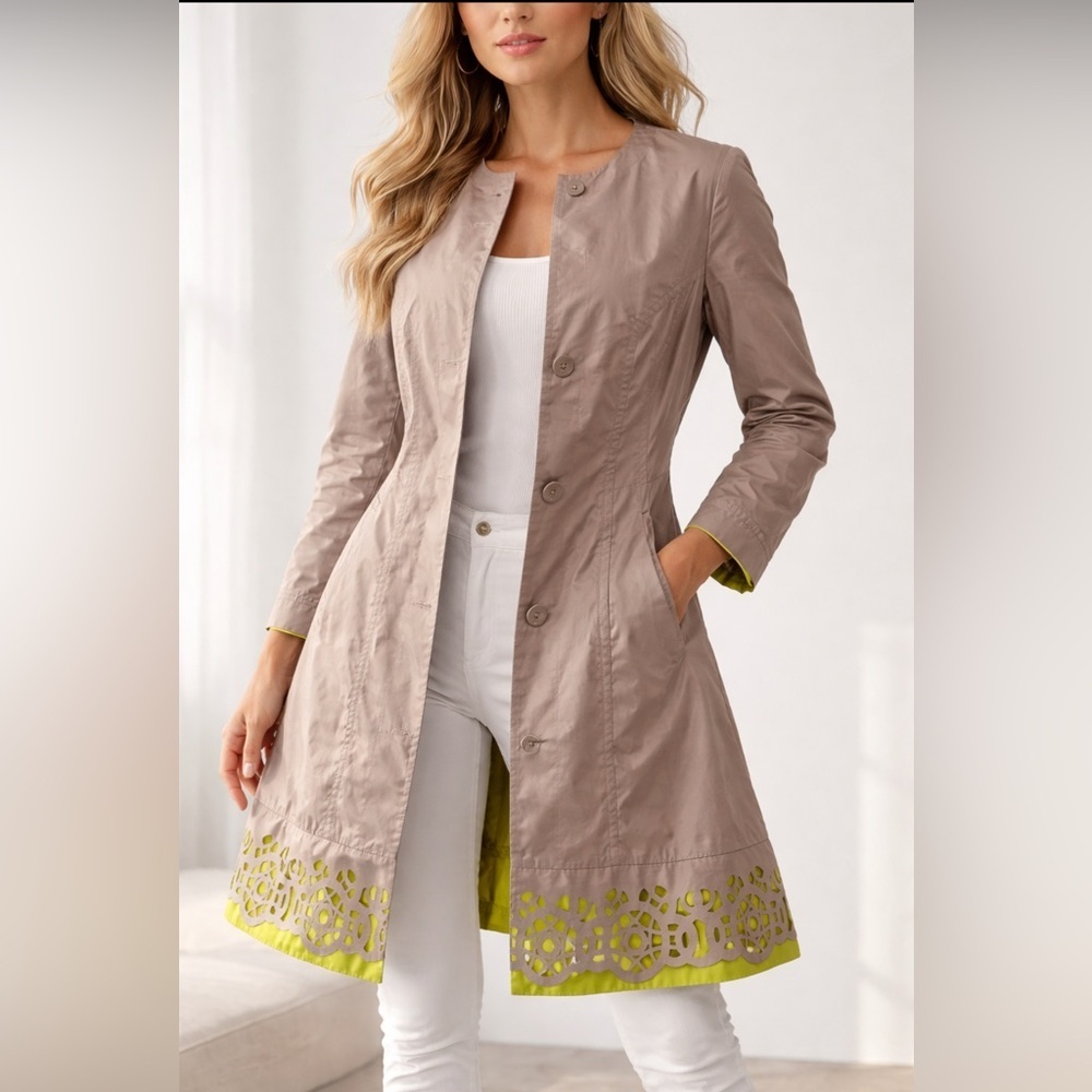 D. Exterior / Rizik Bros Taupe Laser-Cut Hem Coat Size 42 Lime Lined Jacket